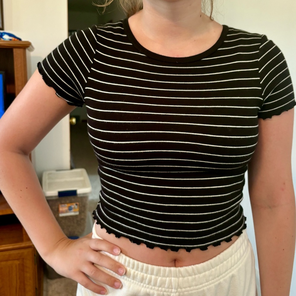 Wild Fable Women’s Cropped Lettuce Trimmed Striped Tee, Size Small